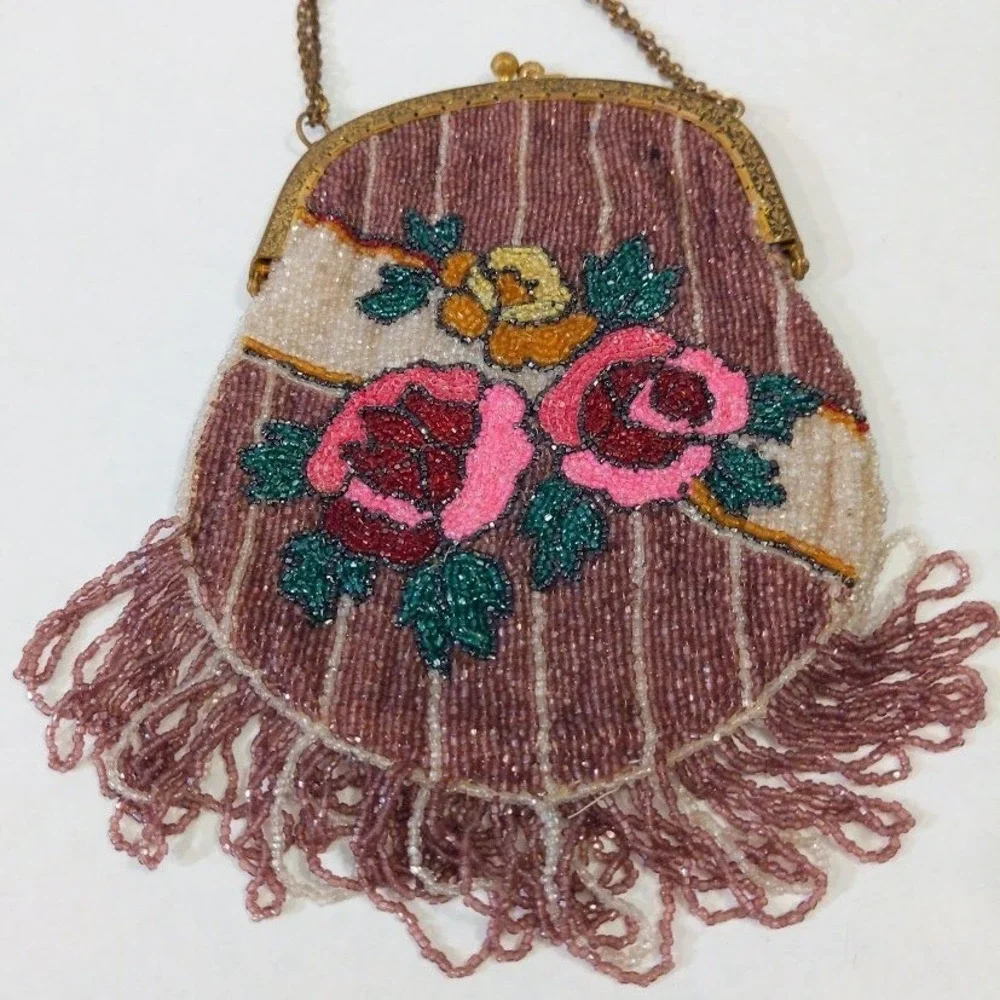 Antique 1920s Micro Beaded Purse Rose Floral Flapper Bag w/ Mirror 1929 Card Vtg